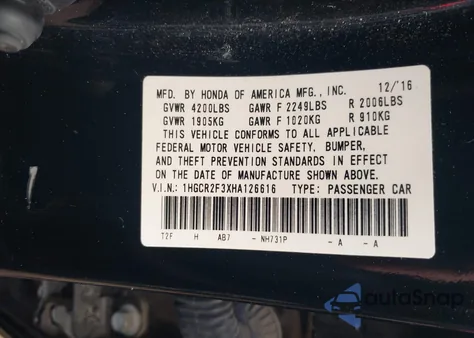 2017 Honda Accord Lx from USA, damaged, VIN 1HGCR2F3XHA126616